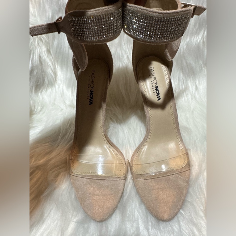 Fashion Nova Tan Stiletto Heels with Transparent Straps